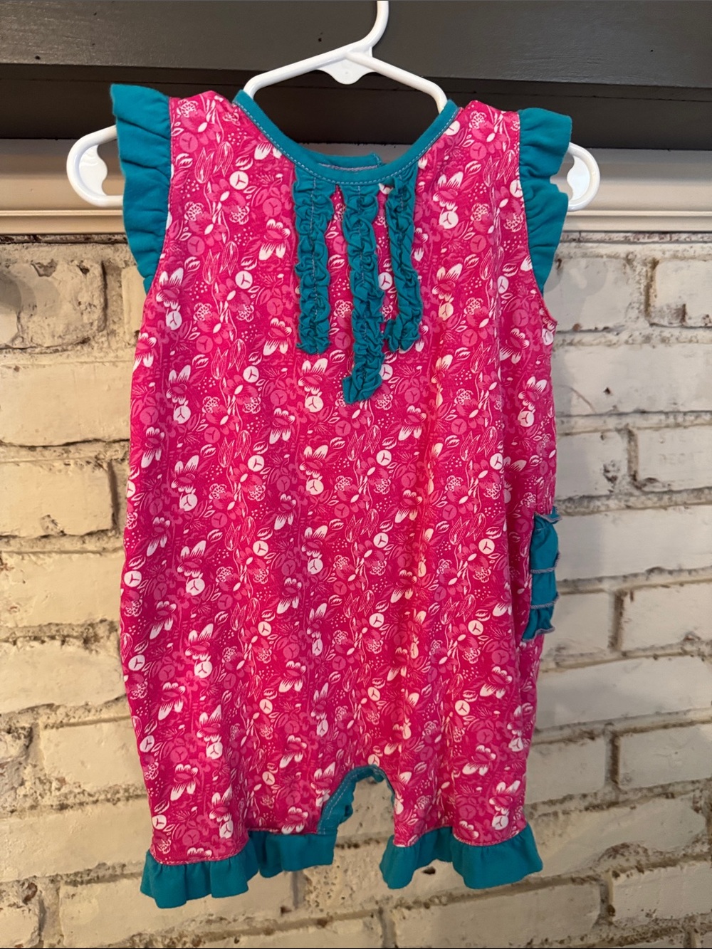 Flit and Flutter Girls Pink Floral Romper with Teal Trim